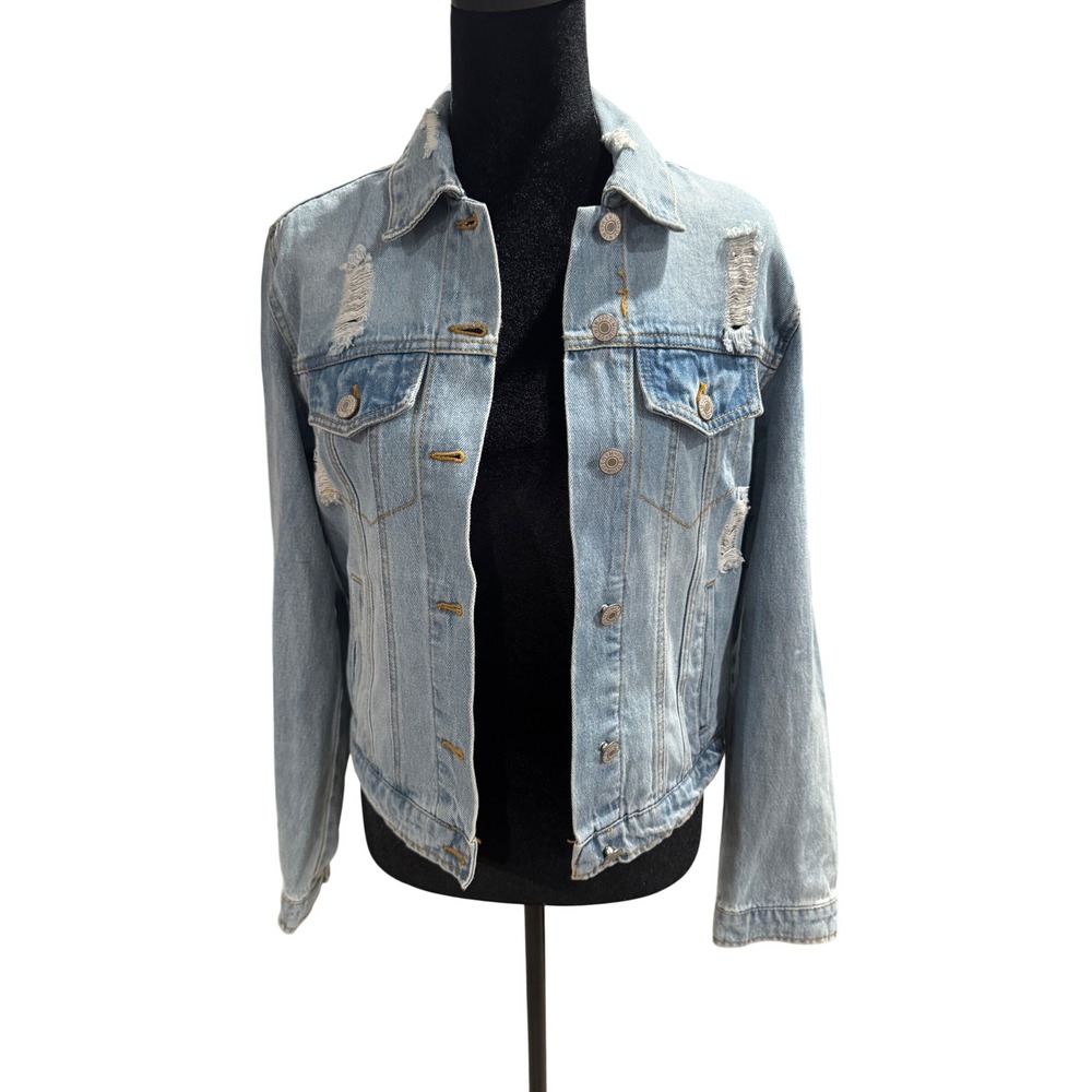 Love Tree Denim Distressed Trucker Jacket Light Wash Blue Cotton S 8962JN